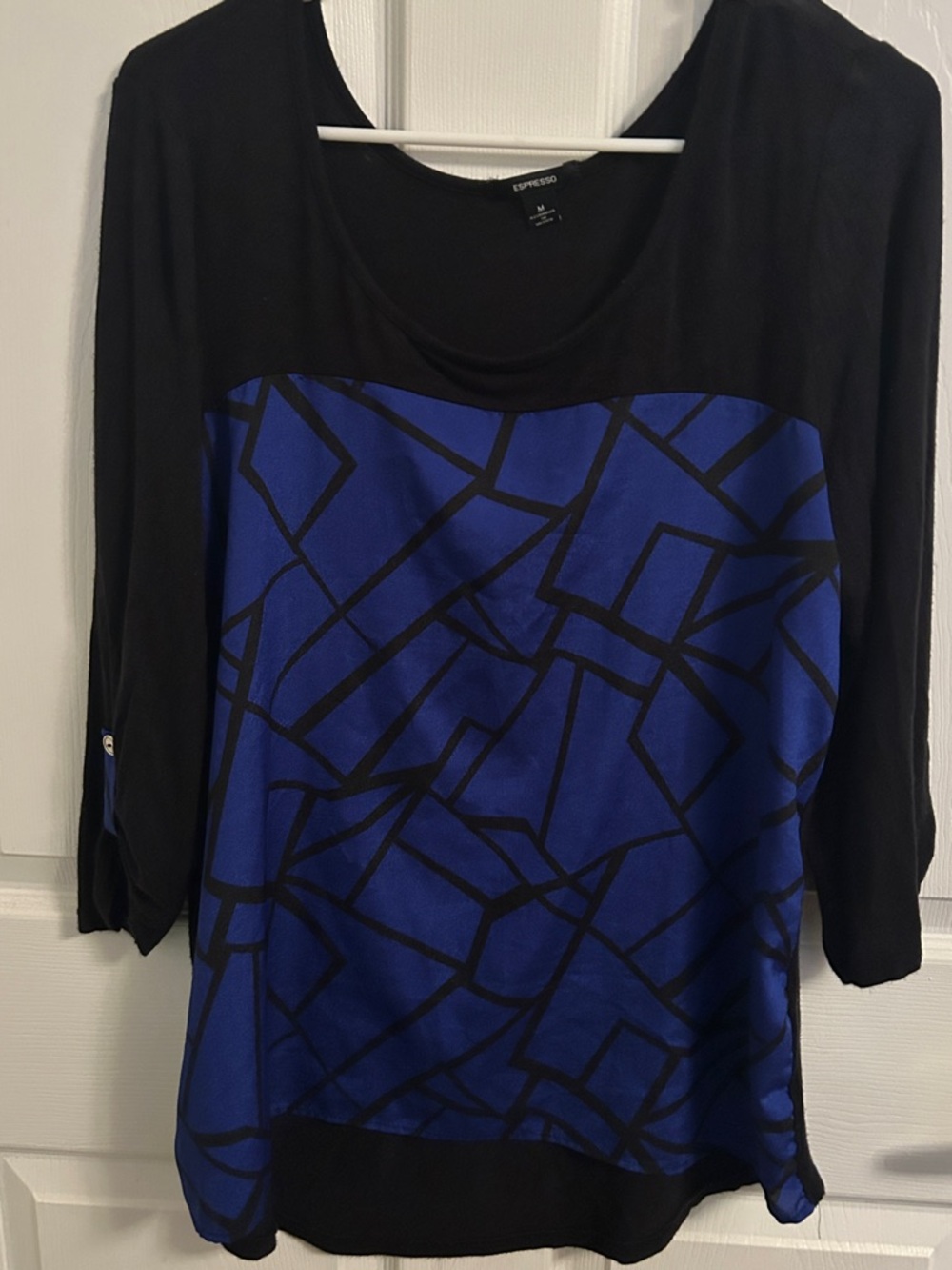 Espresso Black and Blue Geometric Scoop Neck Long Sleeve Top